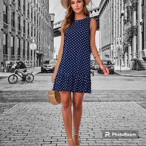 Navy Blue Midi Dress, white polka-dots, sleeveless, lightweight, comfort L 10/12